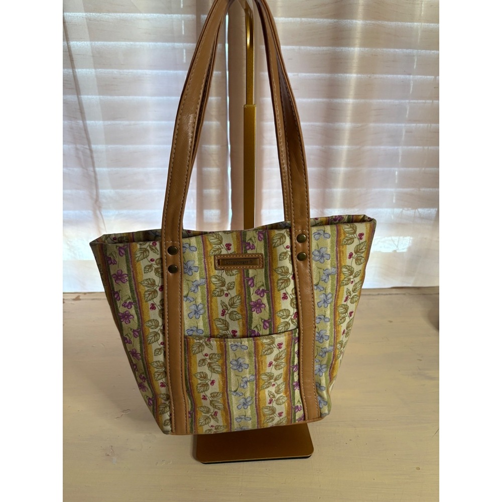 Longaberger Floral Stripe Tote Bag Canvas with Leather Trim – Coordinates with B